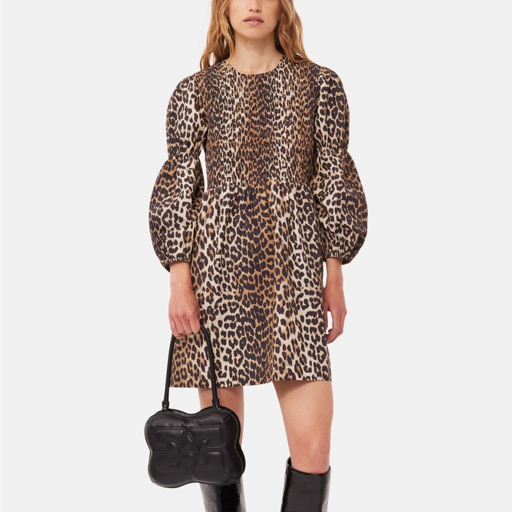 GANNI Leopard Print Cotton/Silk Mini Dress